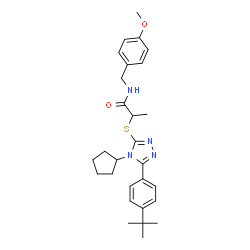 ChemSpider 2D Image | 2-({4-Cyclopentyl-5-[4-(2-methyl-2-propanyl)phenyl]-4H-1,2,4-triazol-3-yl}sulfanyl)-N-(4-methoxybenzyl)propanamide | C28H36N4O2S