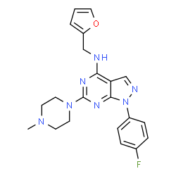 ChemSpider 2D Image | 1-(4-fluorophenyl)-N-(2-furylmethyl)-6-(4-methylpiperazin-1-yl)pyrazolo[3,4-d]pyrimidin-4-amine | C21H22FN7O