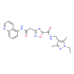 ChemSpider 2D Image | N-[(1-Ethyl-3,5-dimethyl-1H-pyrazol-4-yl)methyl]-3-[2-oxo-2-(5-quinolinylamino)ethyl]-1,2,4-oxadiazole-5-carboxamide | C22H23N7O3