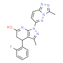 ChemSpider 2D Image | 4-(2-Fluorophenyl)-3-methyl-1-(3-methyl[1,2,4]triazolo[4,3-b]pyridazin-6-yl)-1,4,5,7-tetrahydro-6H-pyrazolo[3,4-b]pyridin-6-one | C19H16FN7O