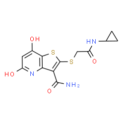 ChemSpider 2D Image | 2-{[2-(Cyclopropylamino)-2-oxoethyl]sulfanyl}-7-hydroxy-5-oxo-4,5-dihydrothieno[3,2-b]pyridine-3-carboxamide | C13H13N3O4S2