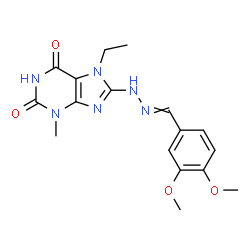 ChemSpider 2D Image | 8-[2-(3,4-Dimethoxybenzylidene)hydrazino]-7-ethyl-3-methyl-3,7-dihydro-1H-purine-2,6-dione | C17H20N6O4