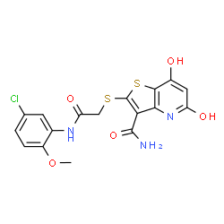 ChemSpider 2D Image | 2-({2-[(5-Chloro-2-methoxyphenyl)amino]-2-oxoethyl}sulfanyl)-7-hydroxy-5-oxo-4,5-dihydrothieno[3,2-b]pyridine-3-carboxamide | C17H14ClN3O5S2