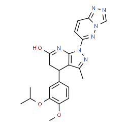 ChemSpider 2D Image | 4-(3-Isopropoxy-4-methoxyphenyl)-3-methyl-1-([1,2,4]triazolo[4,3-b]pyridazin-6-yl)-1,4,5,7-tetrahydro-6H-pyrazolo[3,4-b]pyridin-6-one | C22H23N7O3