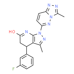 ChemSpider 2D Image | 4-(3-Fluorophenyl)-3-methyl-1-(3-methyl[1,2,4]triazolo[4,3-b]pyridazin-6-yl)-1,4,5,7-tetrahydro-6H-pyrazolo[3,4-b]pyridin-6-one | C19H16FN7O