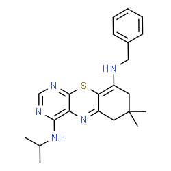 ChemSpider 2D Image | N~9~-Benzyl-N~4~-isopropyl-7,7-dimethyl-7,8-dihydro-6H-pyrimido[4,5-b][1,4]benzothiazine-4,9-diamine | C22H27N5S