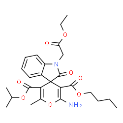 ChemSpider 2D Image | 3'-Butyl 5'-isopropyl 2'-amino-1-(2-ethoxy-2-oxoethyl)-6'-methyl-2-oxo-1,2-dihydrospiro[indole-3,4'-pyran]-3',5'-dicarboxylate | C26H32N2O8