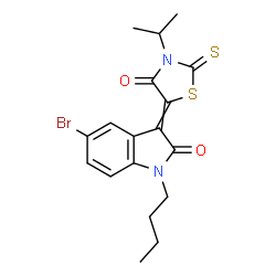 ChemSpider 2D Image | 5-Bromo-1-butyl-3-(3-isopropyl-4-oxo-2-thioxo-1,3-thiazolidin-5-ylidene)-1,3-dihydro-2H-indol-2-one | C18H19BrN2O2S2