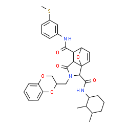 ChemSpider 2D Image | 3-(2,3-Dihydro-1,4-benzodioxin-2-ylmethyl)-N~2~-(2,3-dimethylcyclohexyl)-N~6~-[3-(methylsulfanyl)phenyl]-4-oxo-10-oxa-3-azatricyclo[5.2.1.0~1,5~]dec-8-ene-2,6-dicarboxamide | C34H39N3O6S