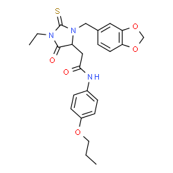 ChemSpider 2D Image | 2-[3-(1,3-Benzodioxol-5-ylmethyl)-1-ethyl-5-oxo-2-thioxo-4-imidazolidinyl]-N-(4-propoxyphenyl)acetamide | C24H27N3O5S