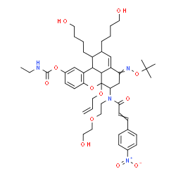 ChemSpider 2D Image | 6a-(Allyloxy)-1,2-bis(4-hydroxybutyl)-6-{[2-(2-hydroxyethoxy)ethyl][3-(4-nitrophenyl)acryloyl]amino}-4-{[(2-methyl-2-propanyl)oxy]imino}-1,2,4,5,6,6a,11b,11c-octahydrobenzo[kl]xanthen-10-yl ethylcarba
mate | C47H64N4O12