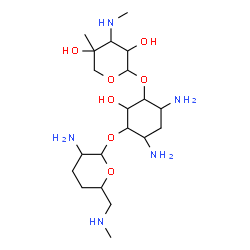 ChemSpider 2D Image | 4,6-Diamino-3-{[3-deoxy-4-C-methyl-3-(methylamino)pentopyranosyl]oxy}-2-hydroxycyclohexyl 2-amino-2,3,4,6-tetradeoxy-6-(methylamino)hexopyranoside | C20H41N5O7