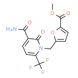 ChemSpider 2D Image | Methyl 5-{[3-carbamoyl-2-oxo-6-(trifluoromethyl)-1(2H)-pyridinyl]methyl}-2-furoate | C14H11F3N2O5