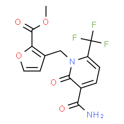 ChemSpider 2D Image | Methyl 3-{[3-carbamoyl-2-oxo-6-(trifluoromethyl)-1(2H)-pyridinyl]methyl}-2-furoate | C14H11F3N2O5