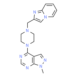 ChemSpider 2D Image | 4-[4-(Imidazo[1,2-a]pyridin-2-ylmethyl)-1-piperazinyl]-1-methyl-1H-pyrazolo[3,4-d]pyrimidine | C18H20N8