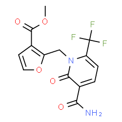 ChemSpider 2D Image | Methyl 2-{[3-carbamoyl-2-oxo-6-(trifluoromethyl)-1(2H)-pyridinyl]methyl}-3-furoate | C14H11F3N2O5