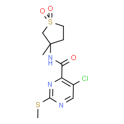 ChemSpider 2D Image | 5-Chloro-N-(3-methyl-1,1-dioxidotetrahydro-3-thiophenyl)-2-(methylsulfanyl)-4-pyrimidinecarboxamide | C11H14ClN3O3S2