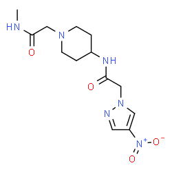 ChemSpider 2D Image | N-{1-[2-(Methylamino)-2-oxoethyl]-4-piperidinyl}-2-(4-nitro-1H-pyrazol-1-yl)acetamide | C13H20N6O4