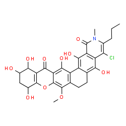 ChemSpider 2D Image | 4-Chloro-5,10,12,13,15,16-hexahydroxy-8-methoxy-2-methyl-3-propyl-6,7,10,11,12,13-hexahydro-2H-chromeno[2',3':6,7]naphtho[2,1-g]isoquinoline-1,14-dione | C29H28ClNO10