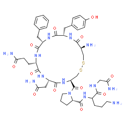 ChemSpider 2D Image | 1-{[(4R,7S,10S,13S,16S,19R)-19-Amino-7-(2-amino-2-oxoethyl)-10-(3-amino-3-oxopropyl)-13-benzyl-16-(4-hydroxybenzyl)-6,9,12,15,18-pentaoxo-1,2-dithia-5,8,11,14,17-pentaazacycloicosan-4-yl]carbonyl}-L-p
rolylornithylglycinamide | C45H63N13O12S2