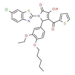 ChemSpider 2D Image | 1-(6-Chloro-1,3-benzothiazol-2-yl)-5-[3-ethoxy-4-(pentyloxy)phenyl]-3-hydroxy-4-(2-thienylcarbonyl)-1,5-dihydro-2H-pyrrol-2-one | C29H27ClN2O5S2