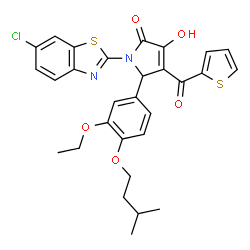 ChemSpider 2D Image | 1-(6-Chloro-1,3-benzothiazol-2-yl)-5-[3-ethoxy-4-(3-methylbutoxy)phenyl]-3-hydroxy-4-(2-thienylcarbonyl)-1,5-dihydro-2H-pyrrol-2-one | C29H27ClN2O5S2