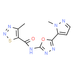 ChemSpider 2D Image | 4-Methyl-N-[5-(1-methyl-1H-pyrazol-5-yl)-1,3,4-oxadiazol-2-yl]-1,2,3-thiadiazole-5-carboxamide | C10H9N7O2S
