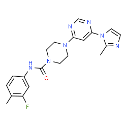 ChemSpider 2D Image | N-(3-Fluoro-4-methylphenyl)-4-[6-(2-methyl-1H-imidazol-1-yl)-4-pyrimidinyl]-1-piperazinecarboxamide | C20H22FN7O
