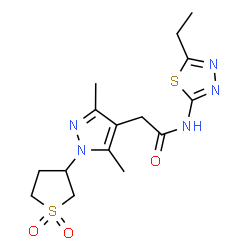 ChemSpider 2D Image | 2-[1-(1,1-Dioxidotetrahydro-3-thiophenyl)-3,5-dimethyl-1H-pyrazol-4-yl]-N-(5-ethyl-1,3,4-thiadiazol-2-yl)acetamide | C15H21N5O3S2