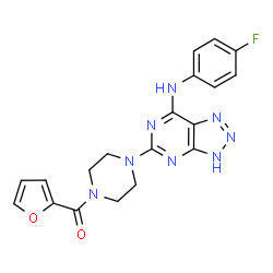 ChemSpider 2D Image | (4-{7-[(4-Fluorophenyl)amino]-1H-[1,2,3]triazolo[4,5-d]pyrimidin-5-yl}-1-piperazinyl)(2-furyl)methanone | C19H17FN8O2