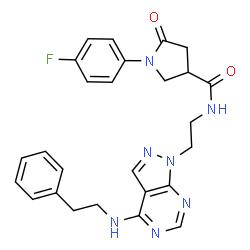 ChemSpider 2D Image | 1-(4-Fluorophenyl)-5-oxo-N-(2-{4-[(2-phenylethyl)amino]-1H-pyrazolo[3,4-d]pyrimidin-1-yl}ethyl)-3-pyrrolidinecarboxamide | C26H26FN7O2