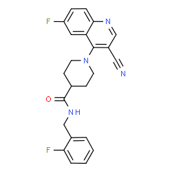 ChemSpider 2D Image | 1-(3-Cyano-6-fluoro-4-quinolinyl)-N-(2-fluorobenzyl)-4-piperidinecarboxamide | C23H20F2N4O