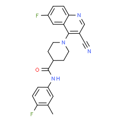 ChemSpider 2D Image | 1-(3-Cyano-6-fluoro-4-quinolinyl)-N-(4-fluoro-3-methylphenyl)-4-piperidinecarboxamide | C23H20F2N4O