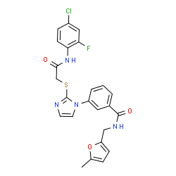 ChemSpider 2D Image | 3-[2-({2-[(4-Chloro-2-fluorophenyl)amino]-2-oxoethyl}sulfanyl)-1H-imidazol-1-yl]-N-[(5-methyl-2-furyl)methyl]benzamide | C24H20ClFN4O3S