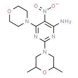 ChemSpider 2D Image | 2-(2,6-Dimethyl-4-morpholinyl)-6-(4-morpholinyl)-5-nitro-4-pyrimidinamine | C14H22N6O4