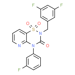 ChemSpider 2D Image | 2-(3,5-Difluorobenzyl)-4-(3-fluorophenyl)-2H-pyrido[2,3-e][1,2,4]thiadiazin-3(4H)-one 1,1-dioxide | C19H12F3N3O3S