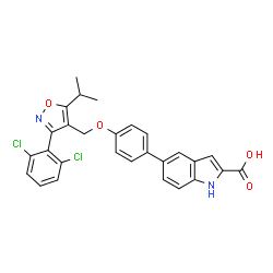 ChemSpider 2D Image | 5-(4-{[3-(2,6-Dichlorophenyl)-5-isopropyl-1,2-oxazol-4-yl]methoxy}phenyl)-1H-indole-2-carboxylic acid | C28H22Cl2N2O4