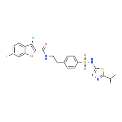 ChemSpider 2D Image | 3-Chloro-6-fluoro-N-(2-{4-[(5-isopropyl-1,3,4-thiadiazol-2-yl)sulfamoyl]phenyl}ethyl)-1-benzothiophene-2-carboxamide | C22H20ClFN4O3S3