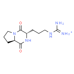 ChemSpider 2D Image | ({3-[(3S,8aR)-1,4-Dioxooctahydropyrrolo[1,2-a]pyrazin-3-yl]propyl}amino)(imino)methanaminium | C11H20N5O2