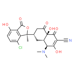 ChemSpider 2D Image | (4S,4aS,6S,8aS)-6-[(1S)-7-Chloro-4-hydroxy-1-methyl-3-oxo-1,3-dihydro-2-benzofuran-1-yl]-4-(dimethylamino)-3,8a-dihydroxy-1,8-dioxo-1,4,4a,5,6,7,8,8a-octahydro-2-naphthalenecarbonitrile | C22H21ClN2O7