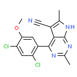 ChemSpider 2D Image | 4-(2,4-Dichloro-5-methoxyphenyl)-2,6-dimethyl-1H-pyrrolo[2,3-d]pyrimidine-5-carbonitrile | C16H12Cl2N4O