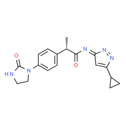 ChemSpider 2D Image | (2S)-N-[(3E)-5-Cyclopropyl-3H-pyrazol-3-ylidene]-2-[4-(2-oxo-1-imidazolidinyl)phenyl]propanamide | C18H19N5O2