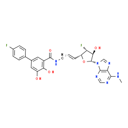 ChemSpider 2D Image | N-[(E)-3-[(2r,3r,4s,5r)-3-Fluoro-4-Hydroxy-5-[6-(Methylamino)purin-9-Yl]oxolan-2-Yl]prop-2-Enyl]-5-(4-Fluorophenyl)-2,3-Dihydroxy-Benzamide | C26H24F2N6O5
