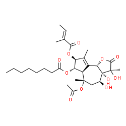 ChemSpider 2D Image | (3S,3aR,4S,6S,6aR,7S,8S,9bS)-6-Acetoxy-3,3a,4-trihydroxy-3,6,9-trimethyl-8-{[(2E)-2-methyl-2-butenoyl]oxy}-2-oxo-2,3,3a,4,5,6,6a,7,8,9b-decahydroazuleno[4,5-b]furan-7-yl octanoate | C30H44O11
