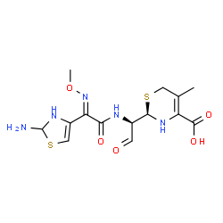 ChemSpider 2D Image | (2R)-2-[(1R)-1-{[(2E)-2-(2-Amino-2,3-dihydro-1,3-thiazol-4-yl)-2-(methoxyimino)acetyl]amino}-2-oxoethyl]-5-methyl-3,6-dihydro-2H-1,3-thiazine-4-carboxylic acid | C14H19N5O5S2