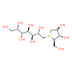 ChemSpider 2D Image | (2R,3S,4S)-1-[(2S,3S,4R,5R,6S)-2,3,4,5,6,7-Hexahydroxyheptyl]-3,4-dihydroxy-2-(hydroxymethyl)tetrahydrothiophenium | C12H25O9S