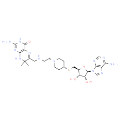 ChemSpider 2D Image | 5'-S-[1-(2-{[(2-Amino-7,7-dimethyl-4-oxo-1,4,7,8-tetrahydro-6-pteridinyl)methyl]amino}ethyl)-4-piperidinyl]-5'-thioadenosine | C26H38N12O4S