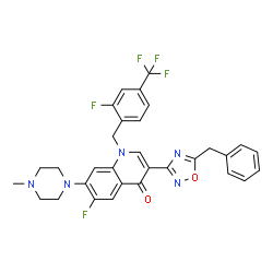 ChemSpider 2D Image | 3-(5-Benzyl-1,2,4-oxadiazol-3-yl)-6-fluoro-1-[2-fluoro-4-(trifluoromethyl)benzyl]-7-(4-methyl-1-piperazinyl)-4(1H)-quinolinone | C31H26F5N5O2