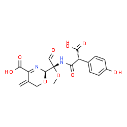 ChemSpider 2D Image | (2R)-2-[(1R)-1-{[(2R)-2-Carboxy-2-(4-hydroxyphenyl)acetyl]amino}-1-methoxy-2-oxoethyl]-5-methylene-5,6-dihydro-2H-1,3-oxazine-4-carboxylic acid | C18H18N2O9