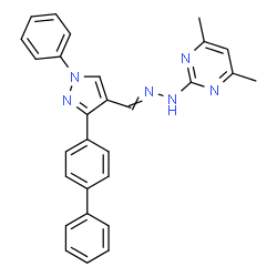ChemSpider 2D Image | 2-(2-{[3-(4-Biphenylyl)-1-phenyl-1H-pyrazol-4-yl]methylene}hydrazino)-4,6-dimethylpyrimidine | C28H24N6